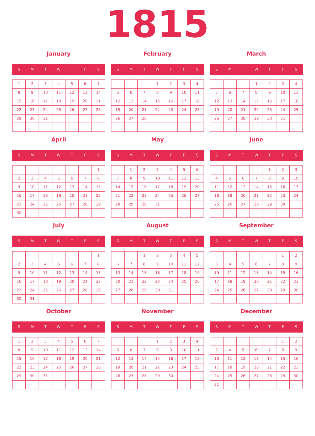 Printable 1815 Year Calendars amaranth