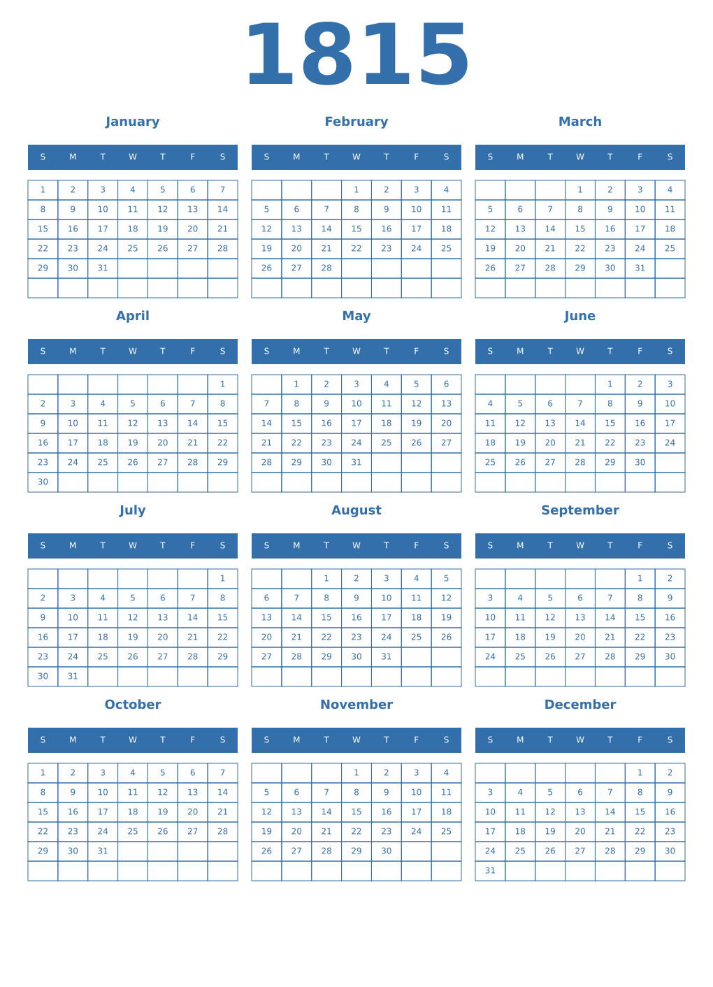 Printable 1815 Year Calendars blue