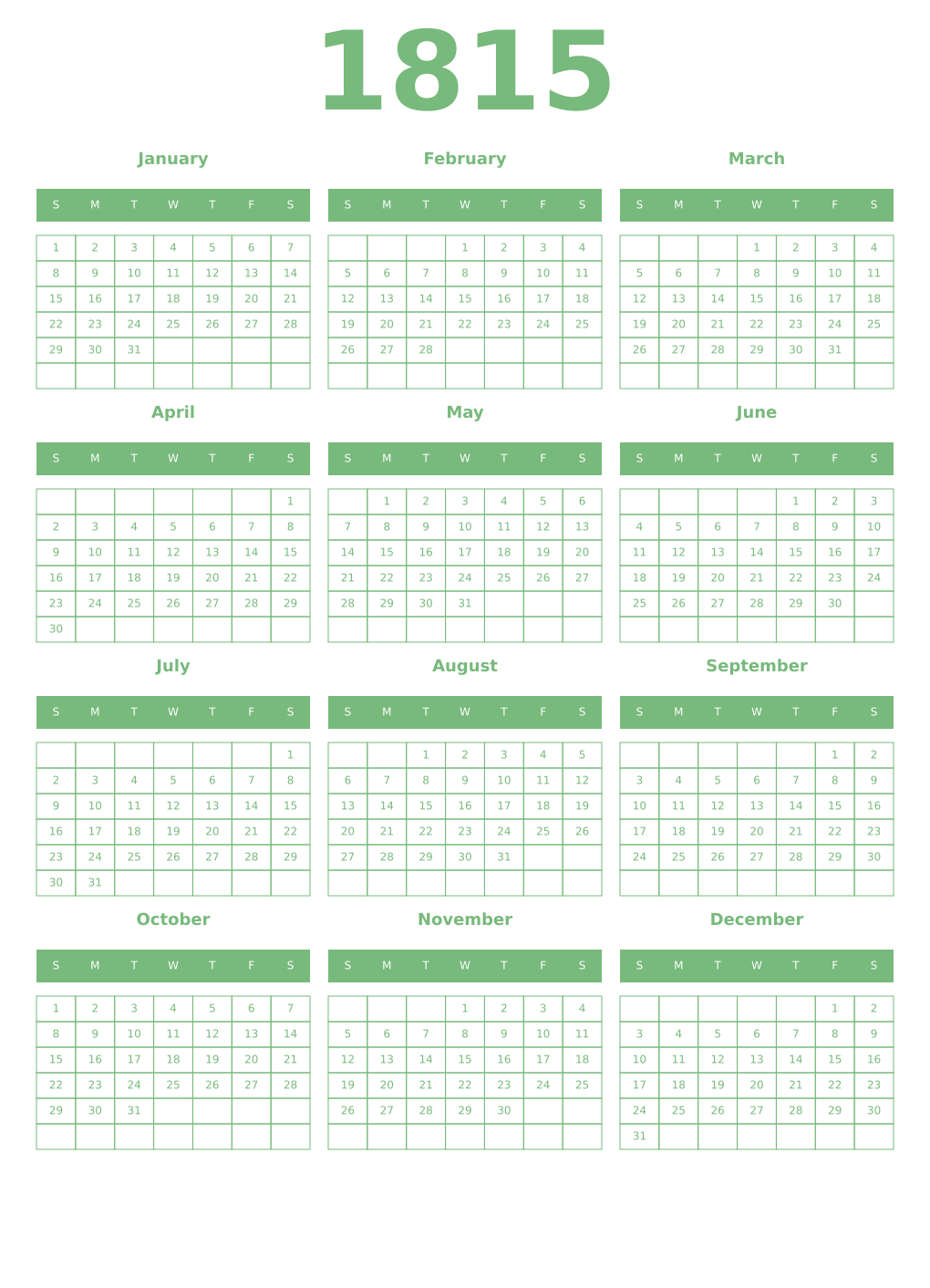 Printable 1815 Year Calendars celadon