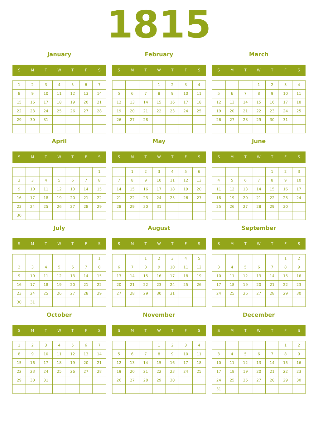 Printable 1815 Year Calendars chartreuse