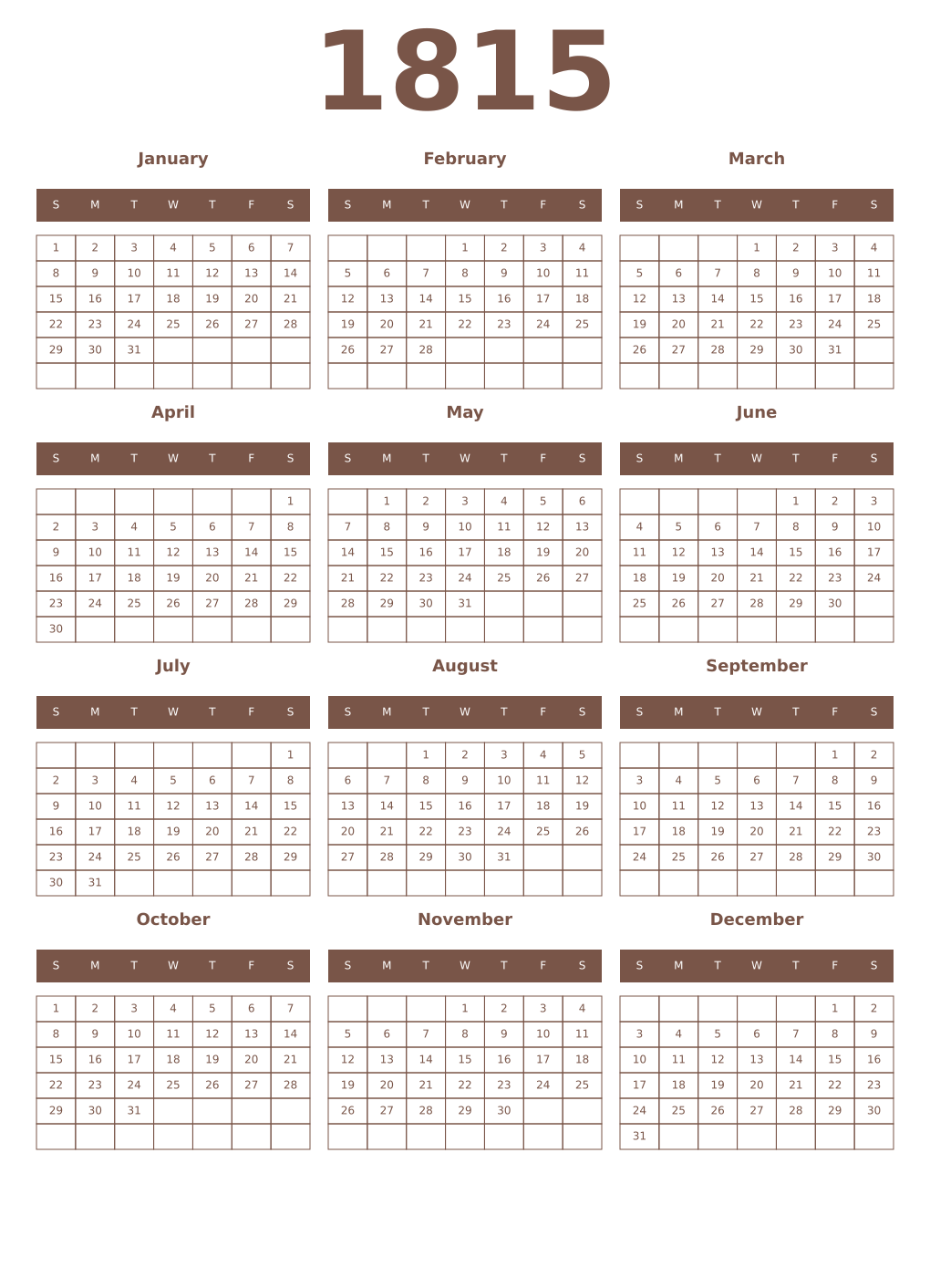 Printable 1815 Year Calendars coffe