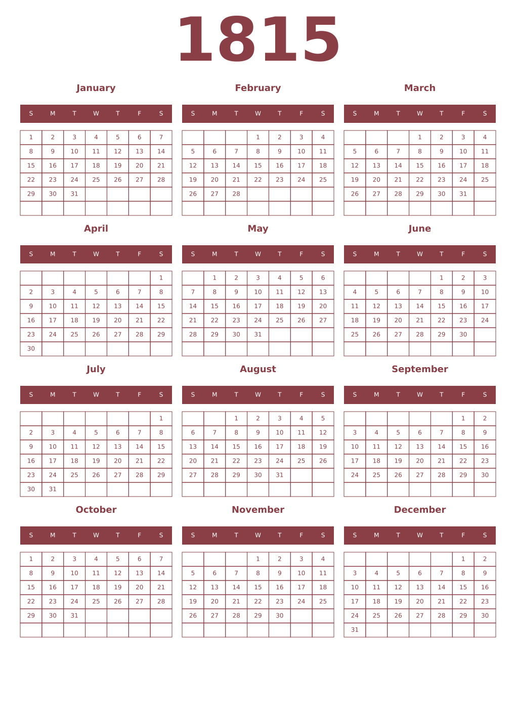 Printable 1815 Year Calendars cordovan