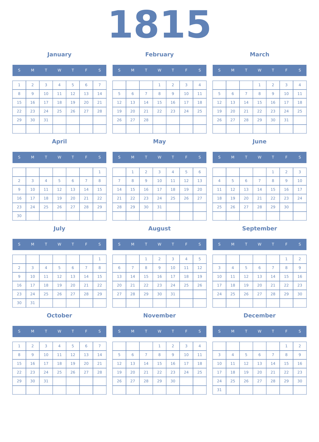 Printable 1815 Year Calendars glaucous