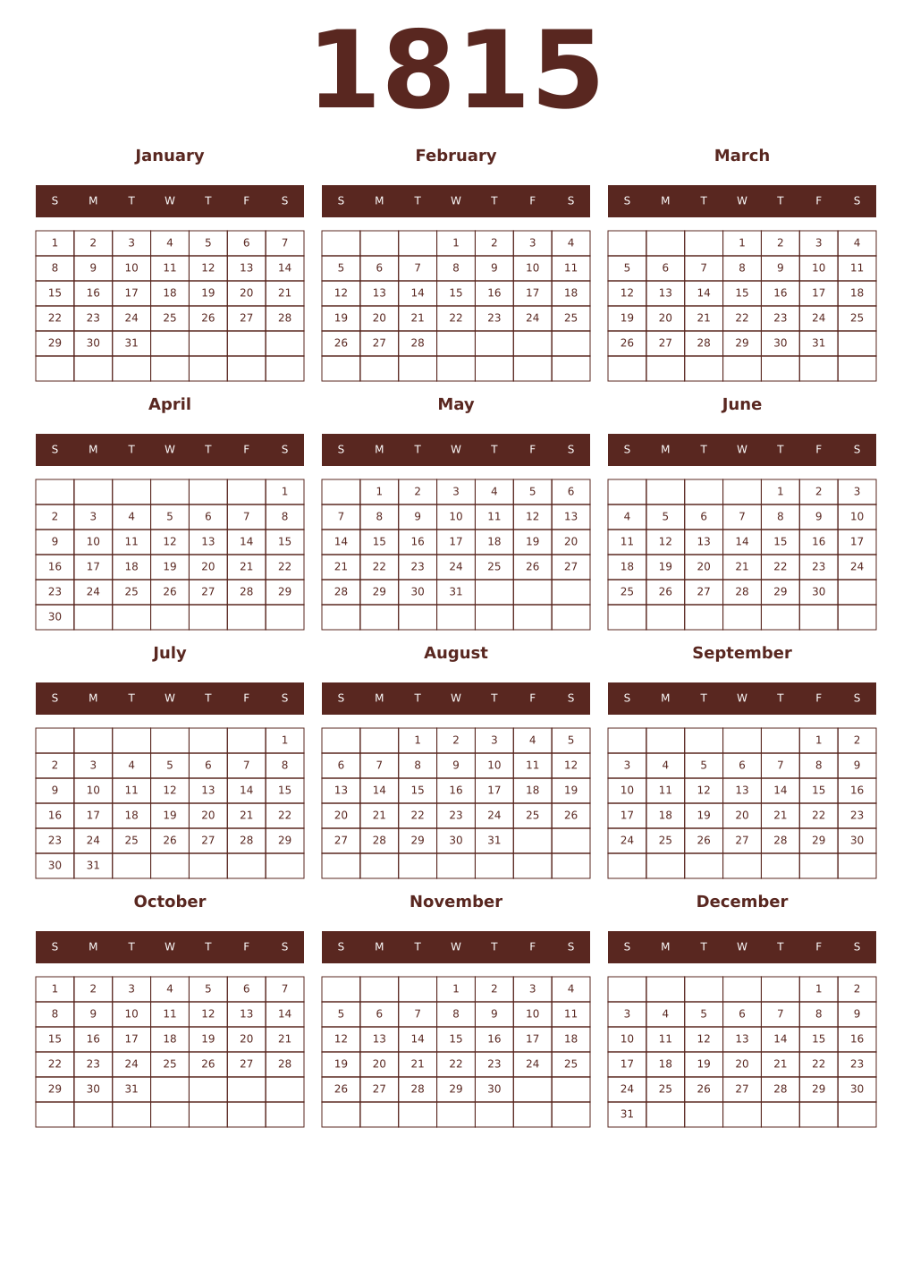 Printable 1815 Year Calendars mortuum
