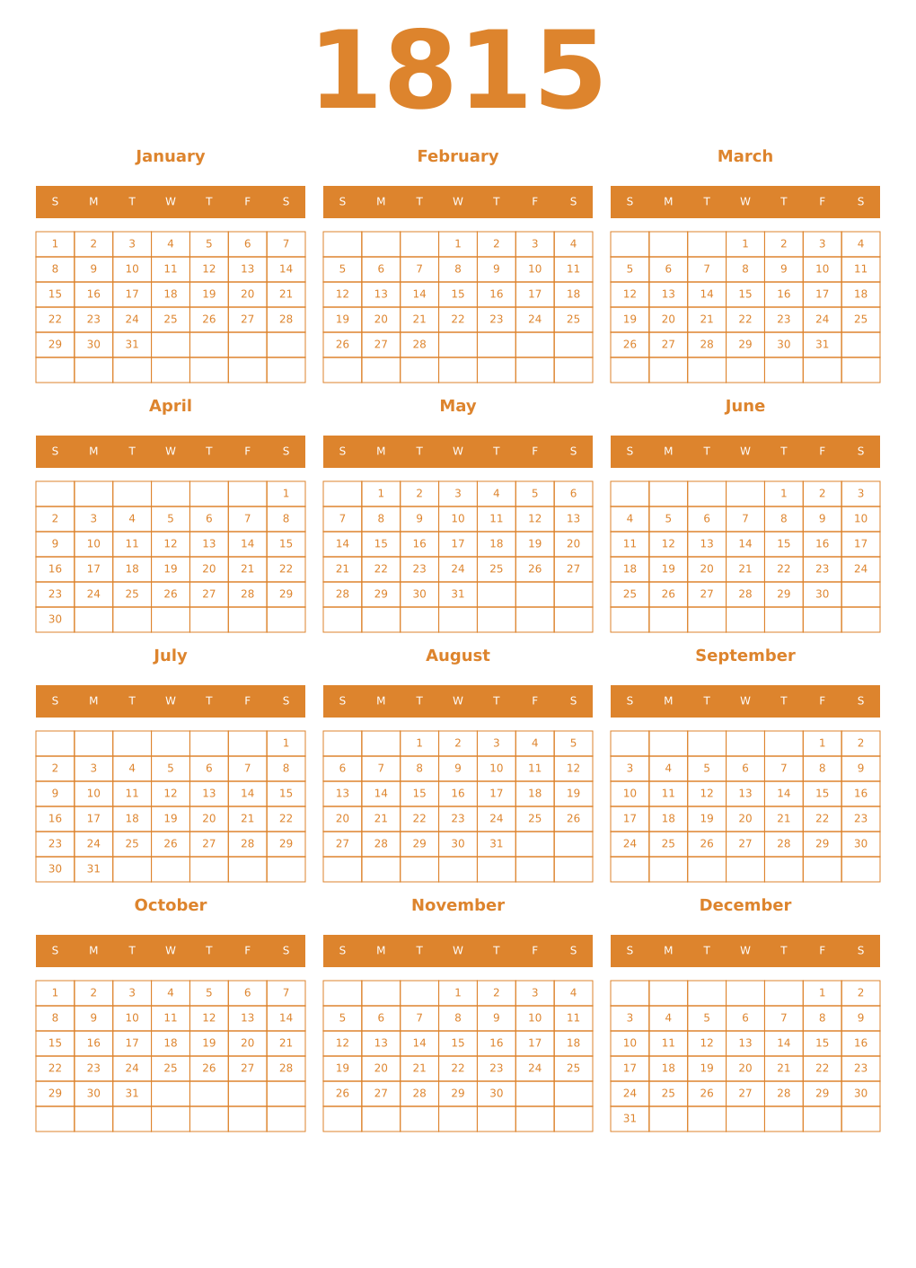 Printable 1815 Year Calendars orange