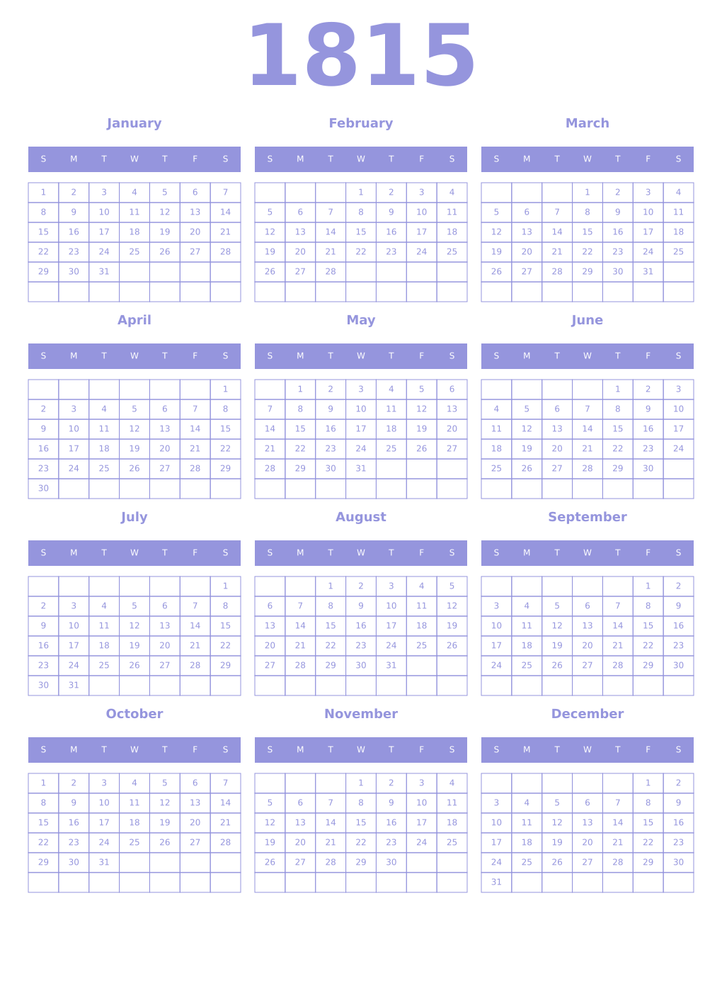 Printable 1815 Year Calendars periwinkle