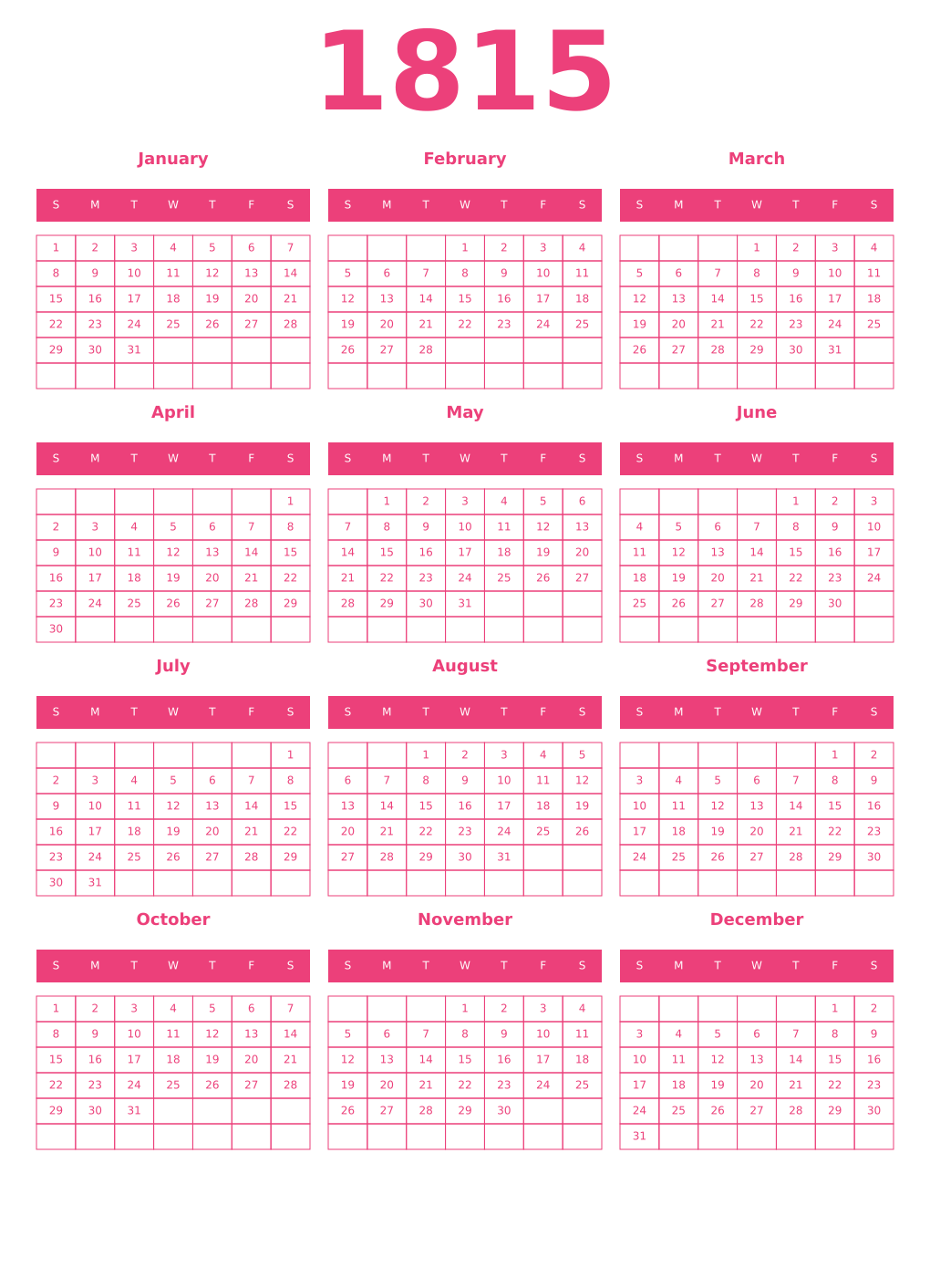 Printable 1815 Year Calendars pink