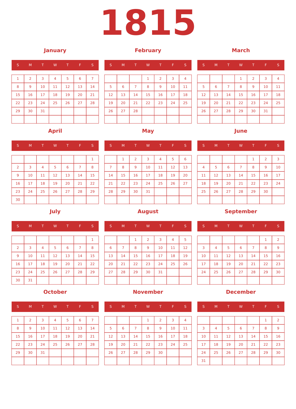 Printable 1815 Year Calendars red