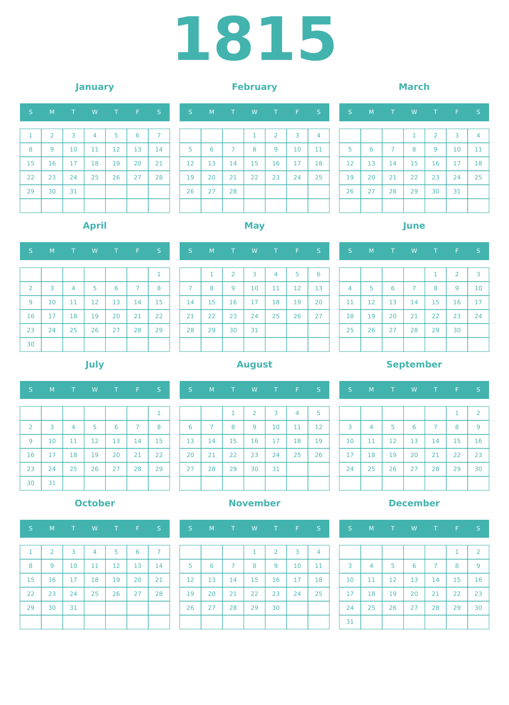 Printable 1815 Year Calendars verdigris