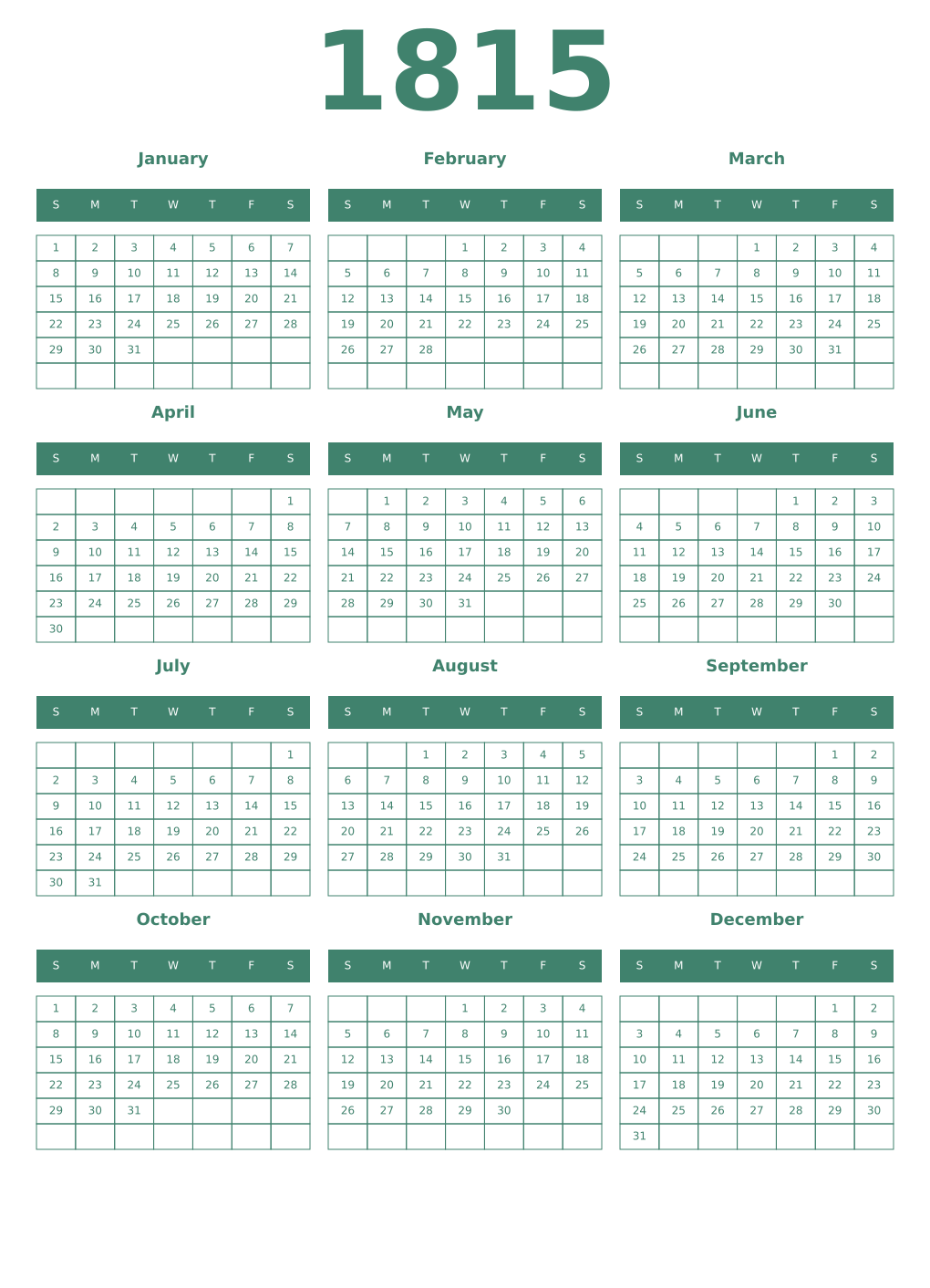 Printable 1815 Year Calendars viridian