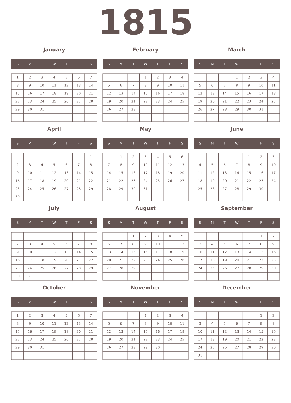 Printable 1815 Year Calendars wenge
