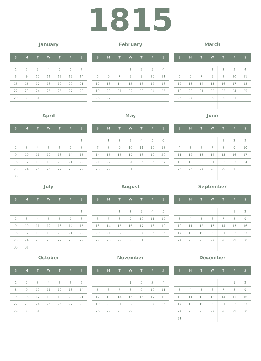 Printable 1815 Year Calendars xanadu