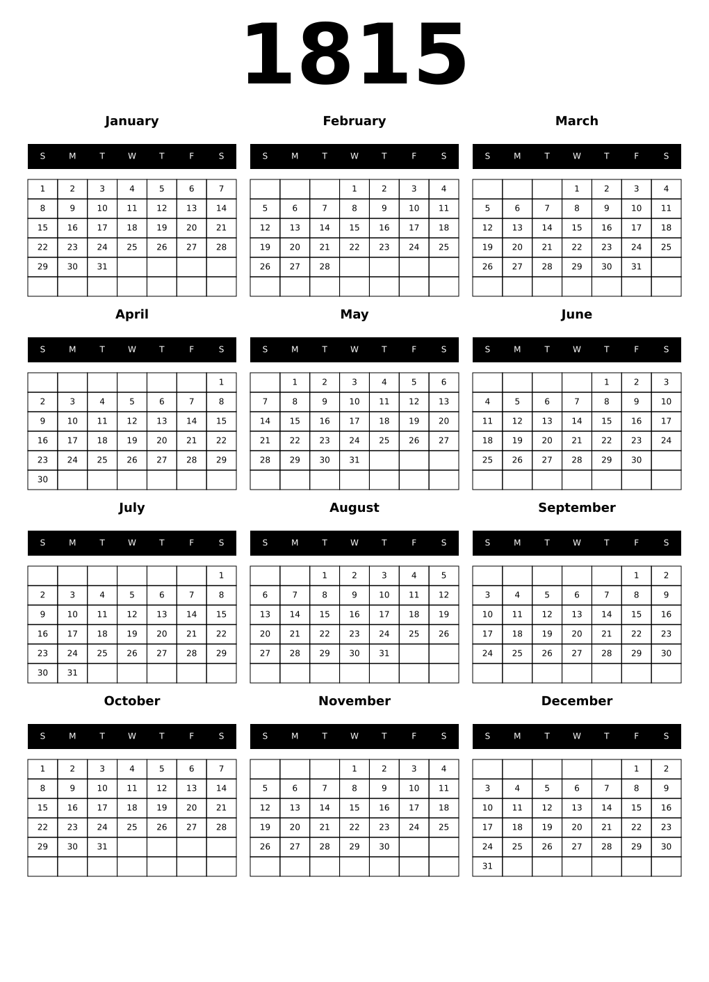 Printable 1815 Calendars