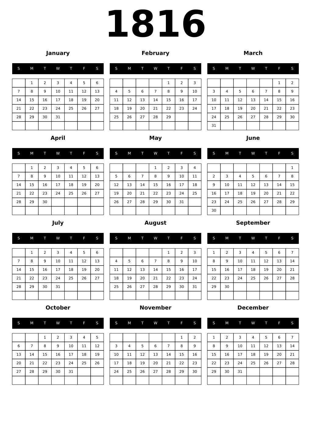 Printable 1816 Calendars