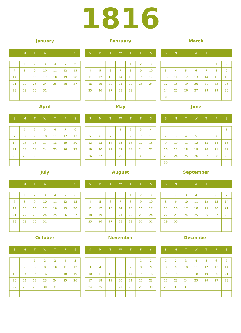 Printable 1816 Year Calendars chartreuse