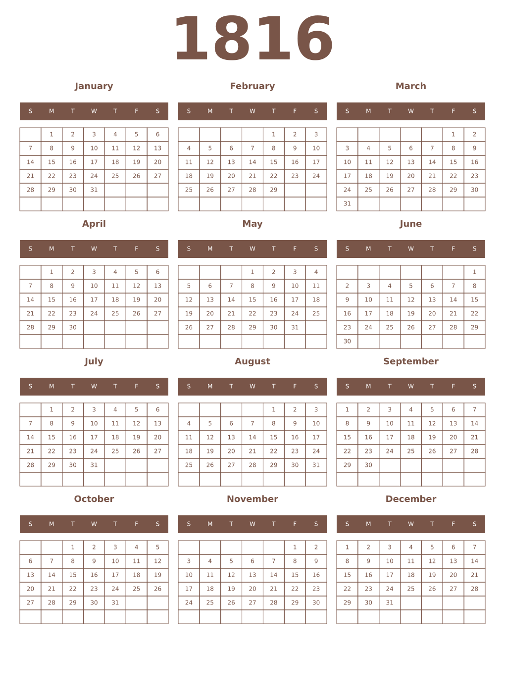 Printable 1816 Year Calendars coffe