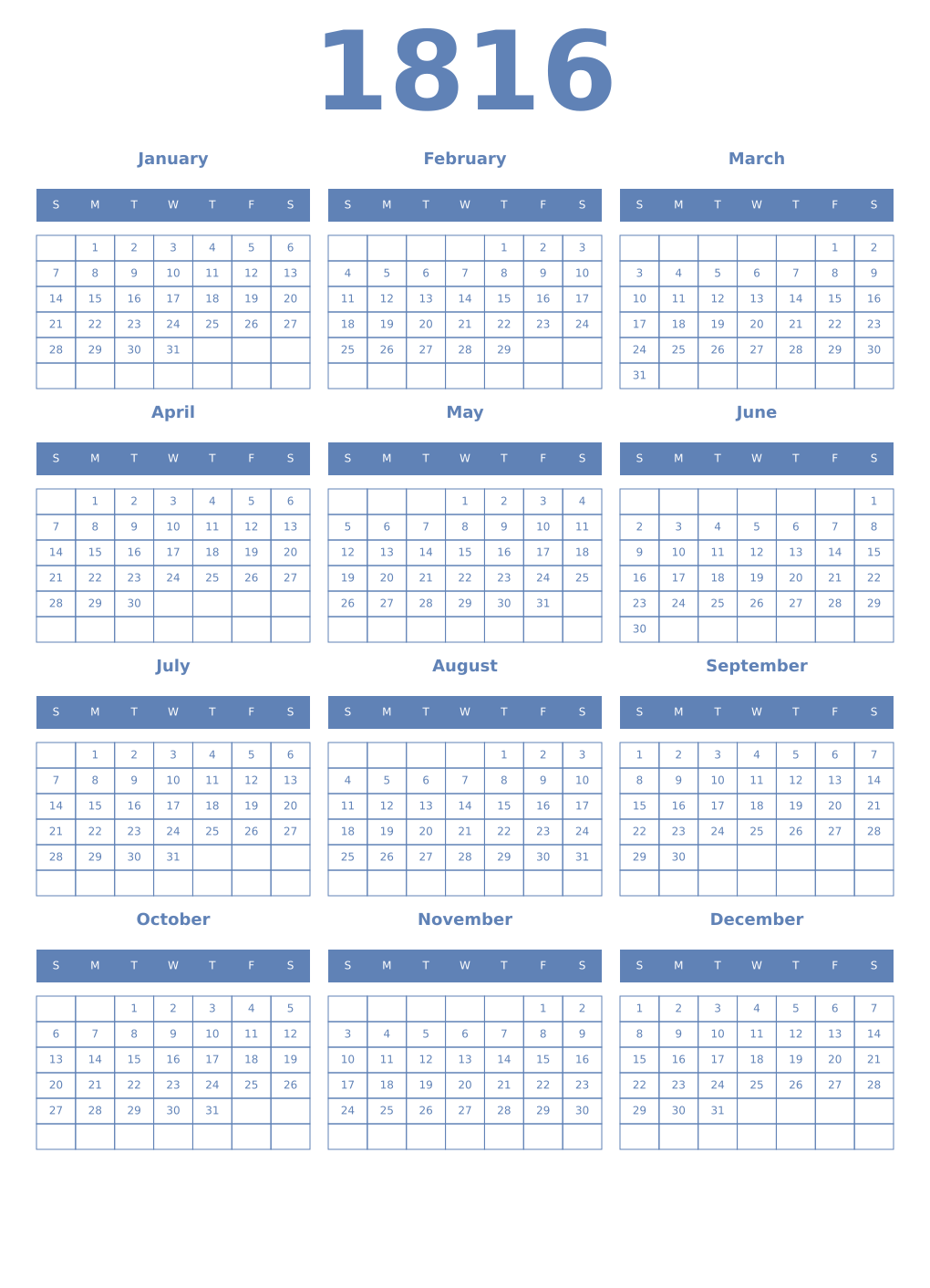 Printable 1816 Year Calendars glaucous