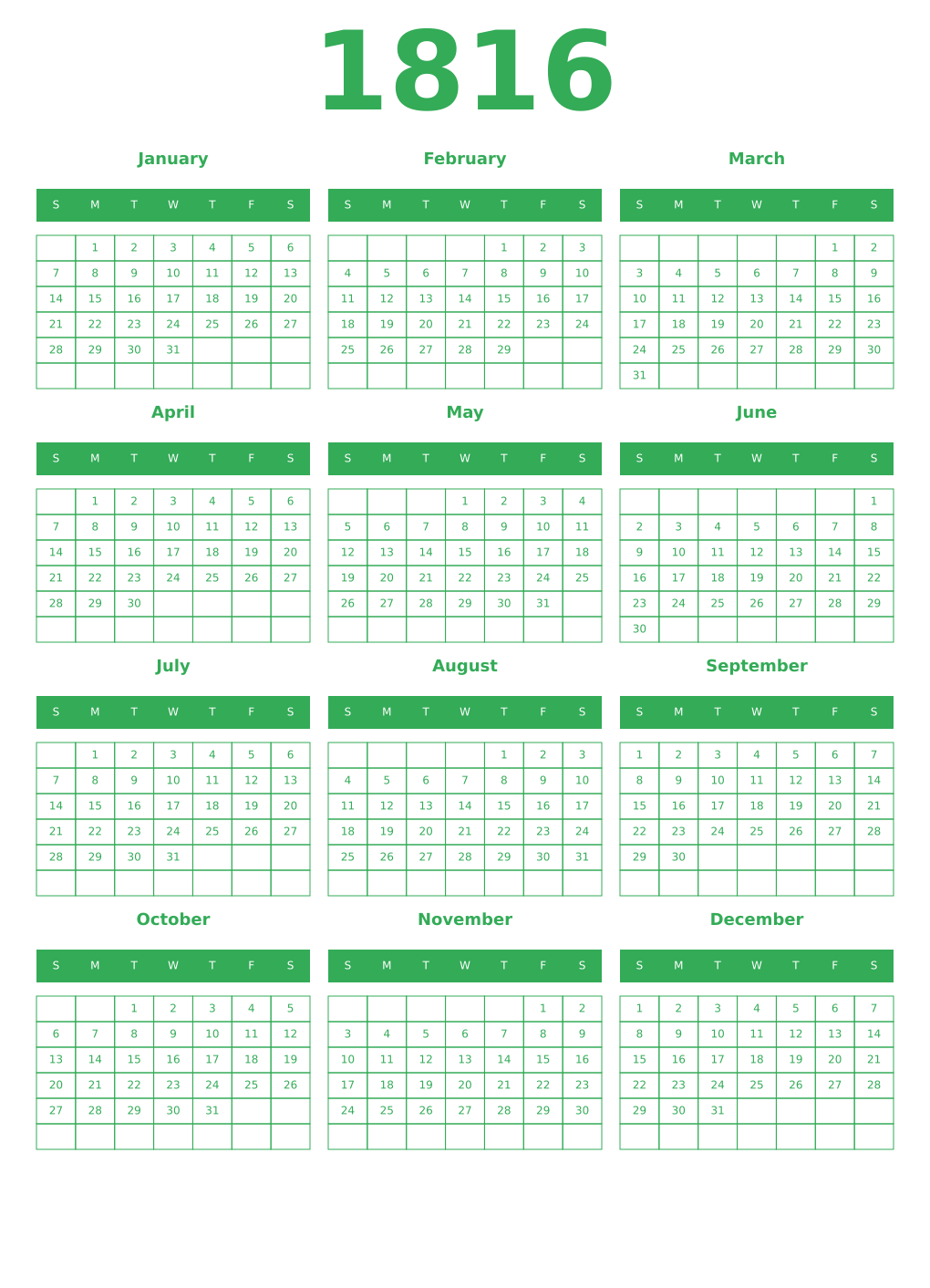 Printable 1816 Year Calendars green