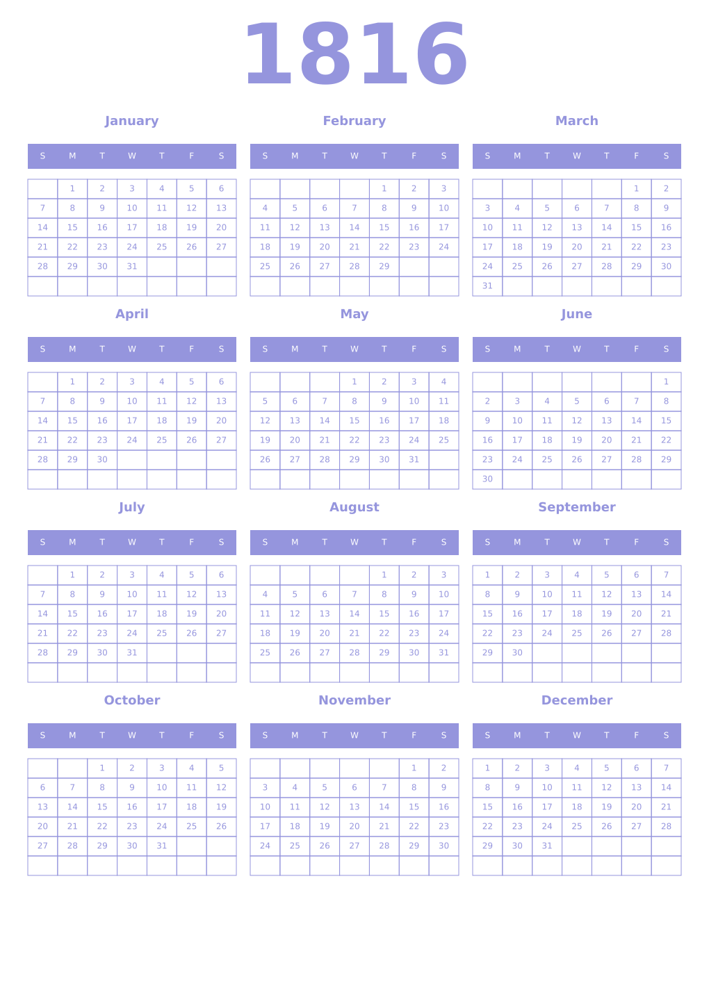 Printable 1816 Year Calendars periwinkle