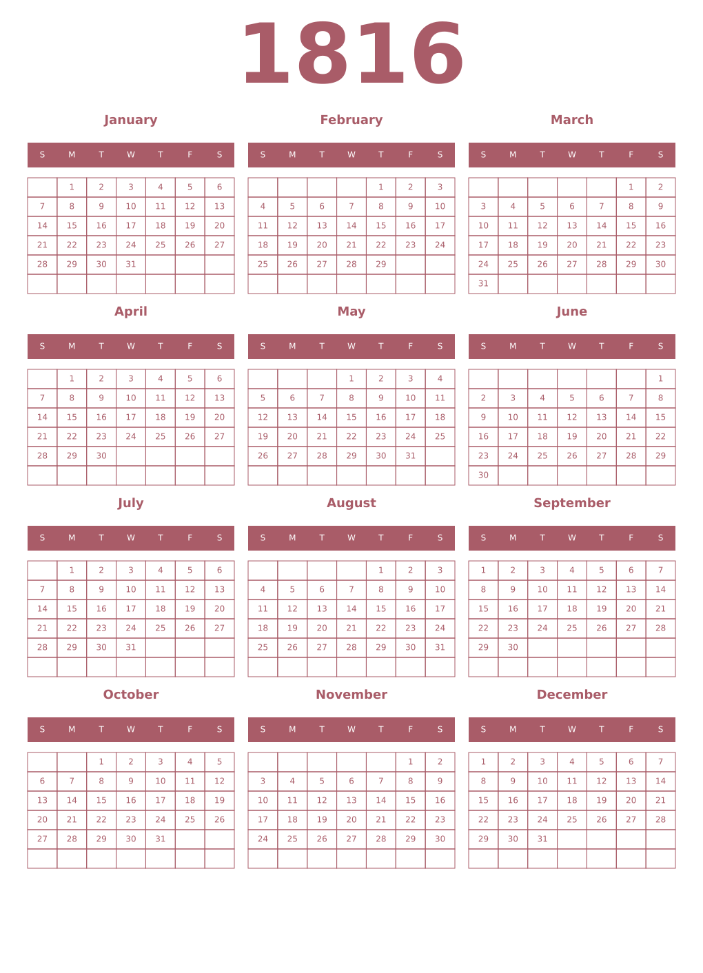 Printable 1816 Year Calendars puce