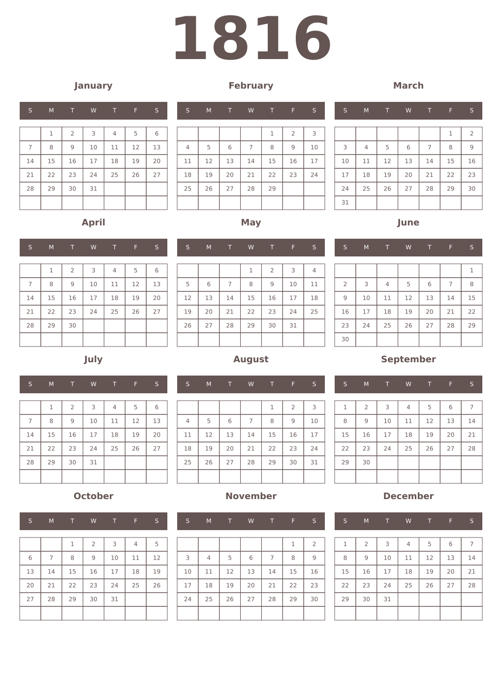 Printable 1816 Year Calendars wenge