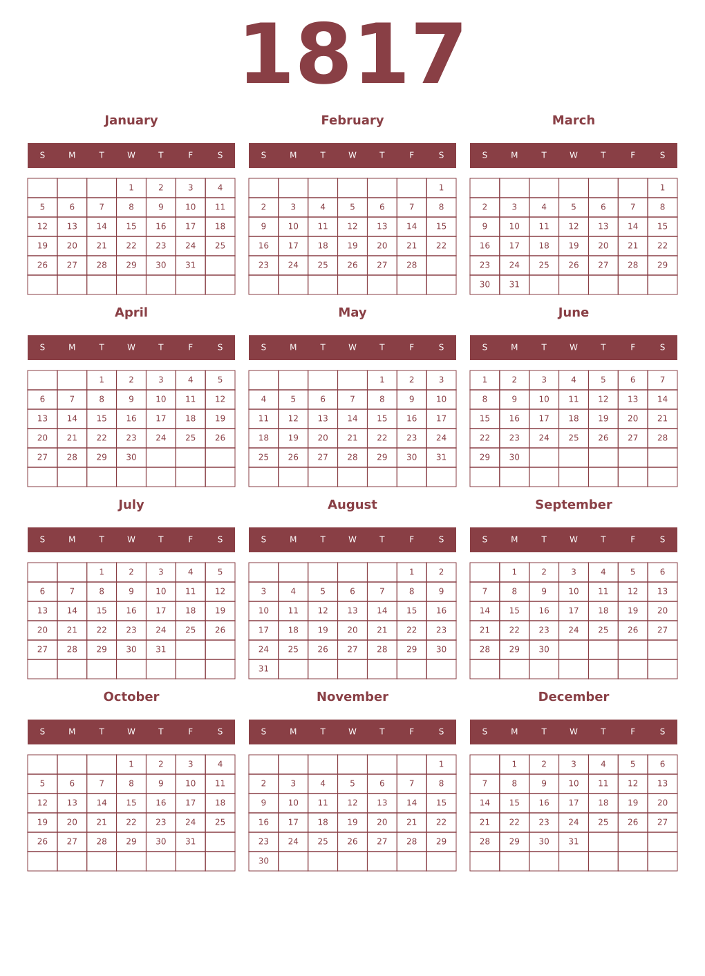 Printable 1817 Year Calendars cordovan
