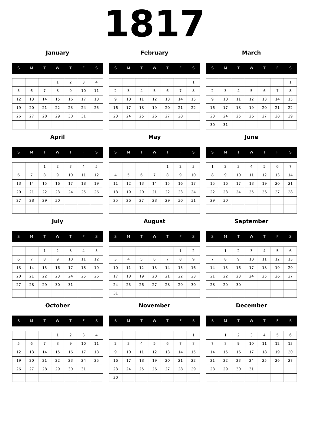 Printable 1817 Calendars