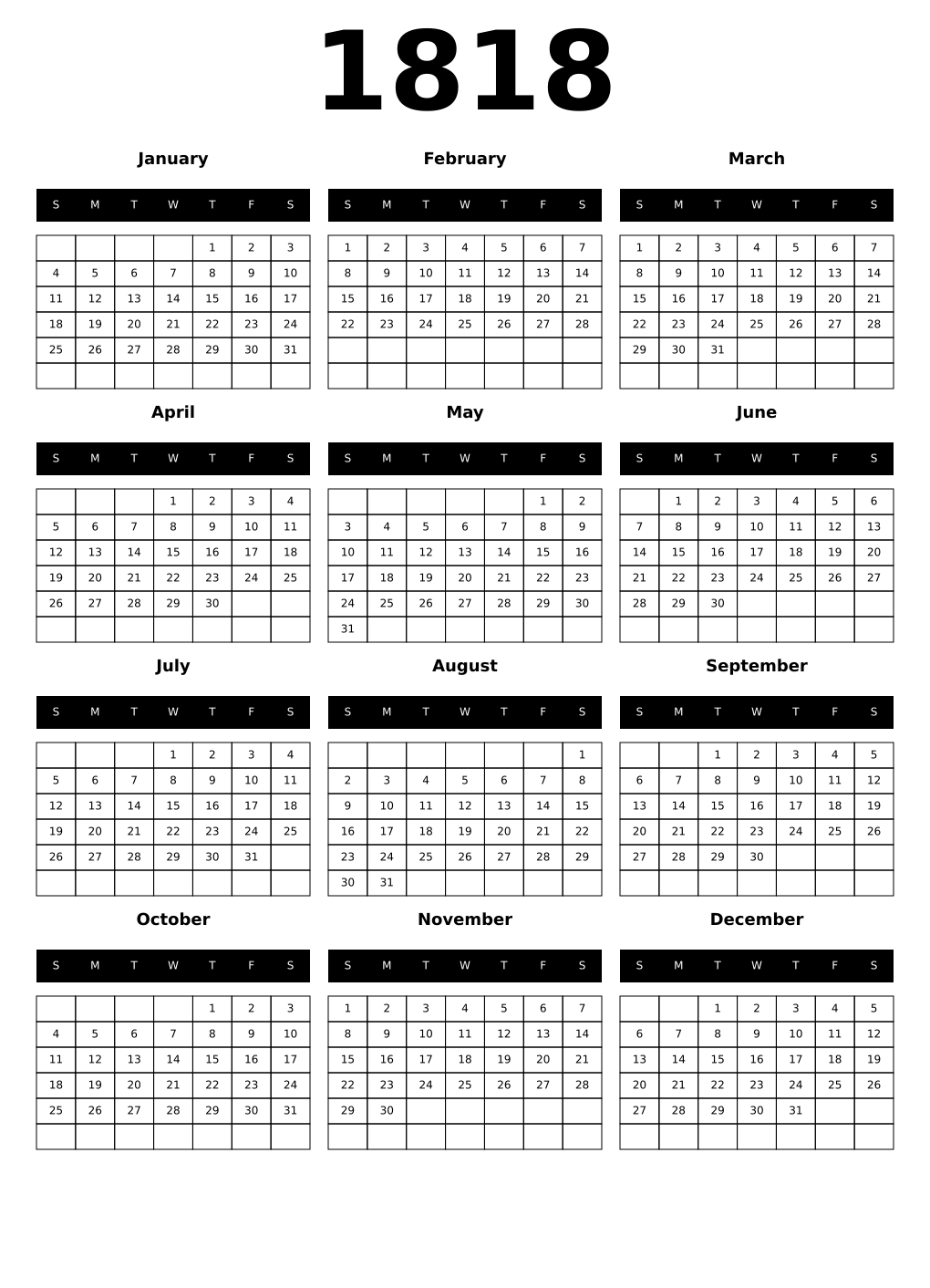 Printable 1818 Calendars