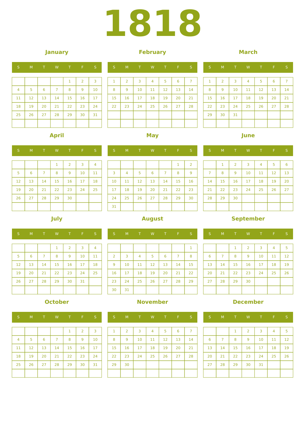 Printable 1818 Year Calendars chartreuse