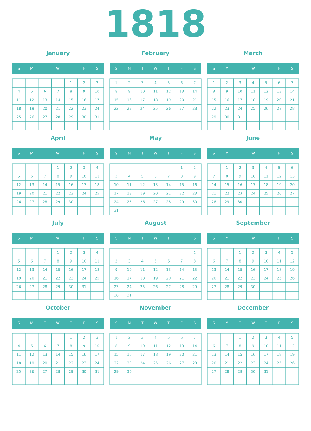 Printable 1818 Year Calendars verdigris
