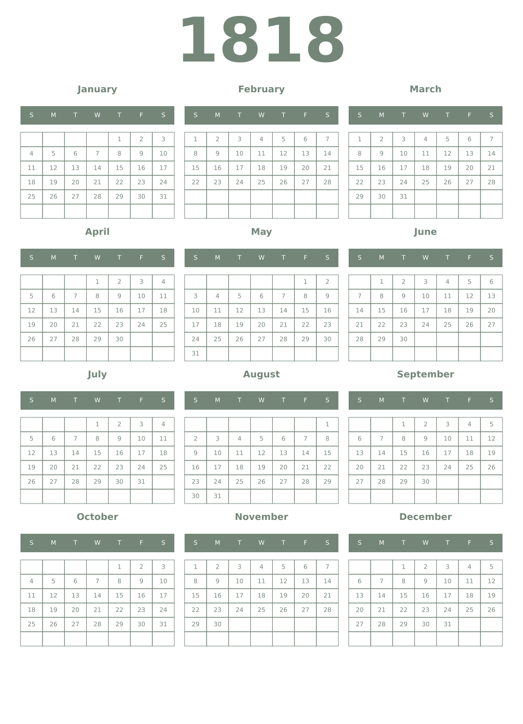 Printable 1818 Year Calendars xanadu