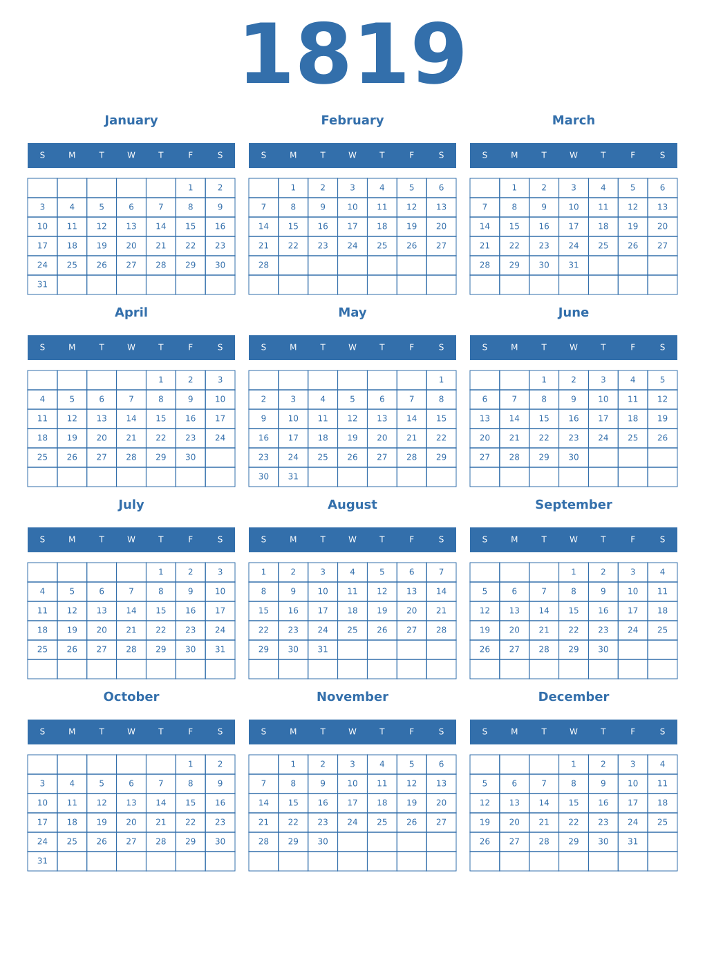 Printable 1819 Year Calendars blue