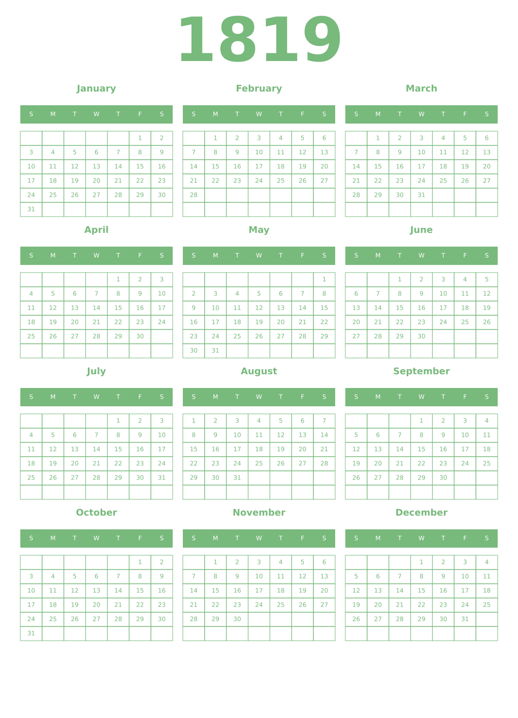 Printable 1819 Year Calendars celadon