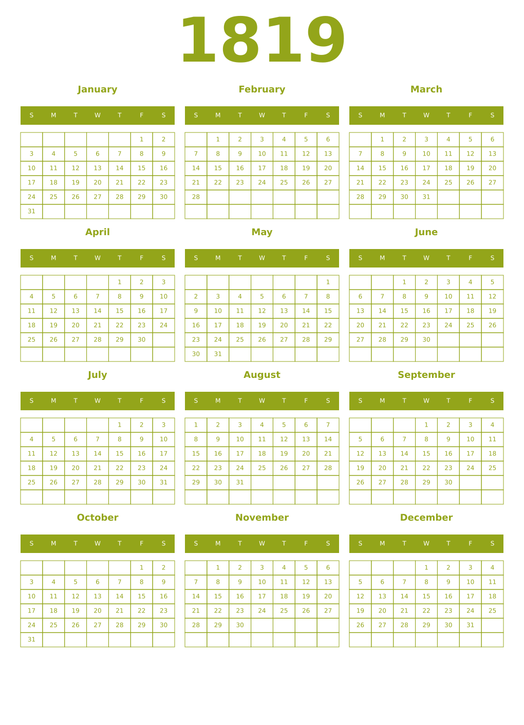 Printable 1819 Year Calendars chartreuse