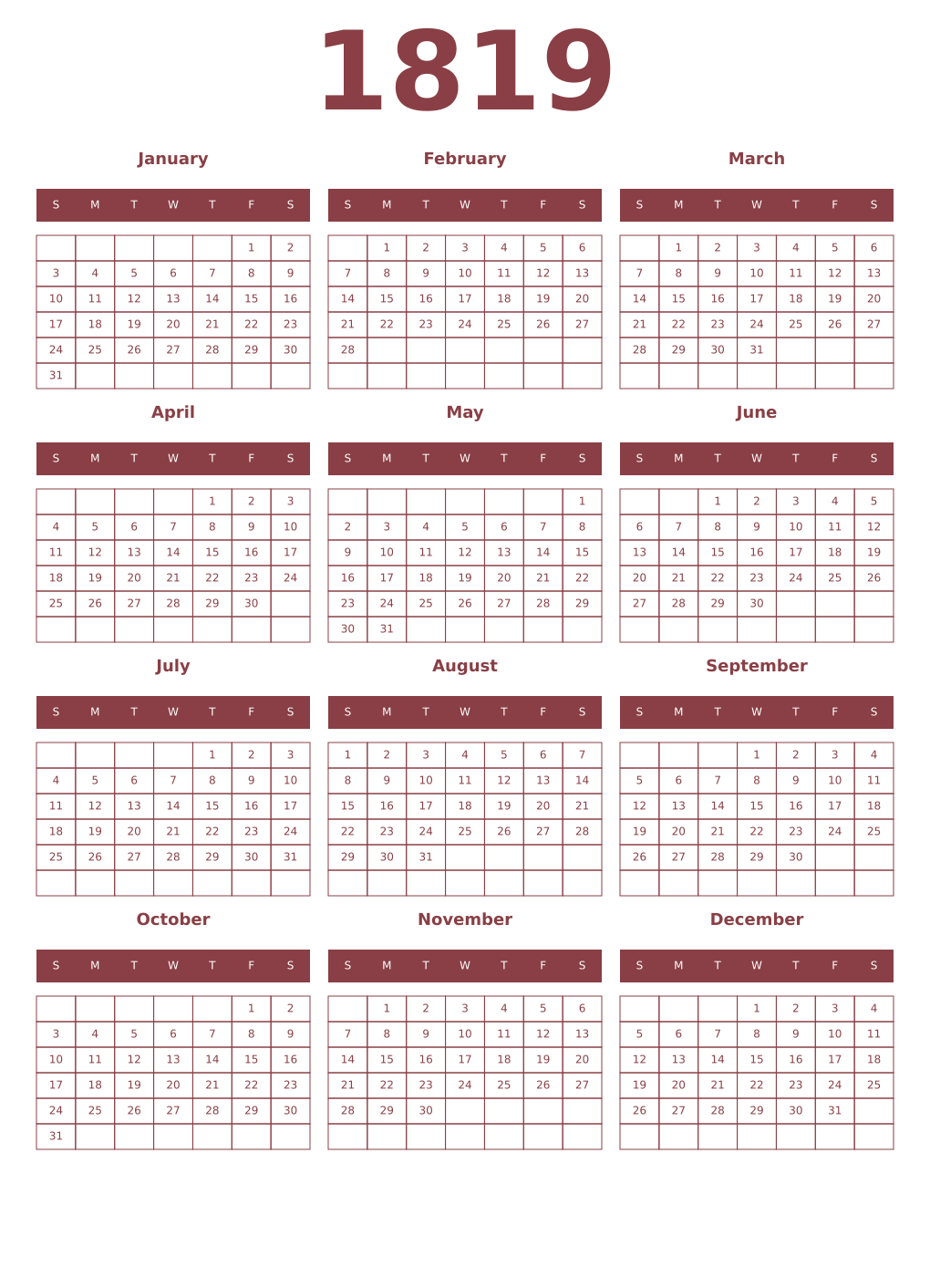 Printable 1819 Year Calendars cordovan