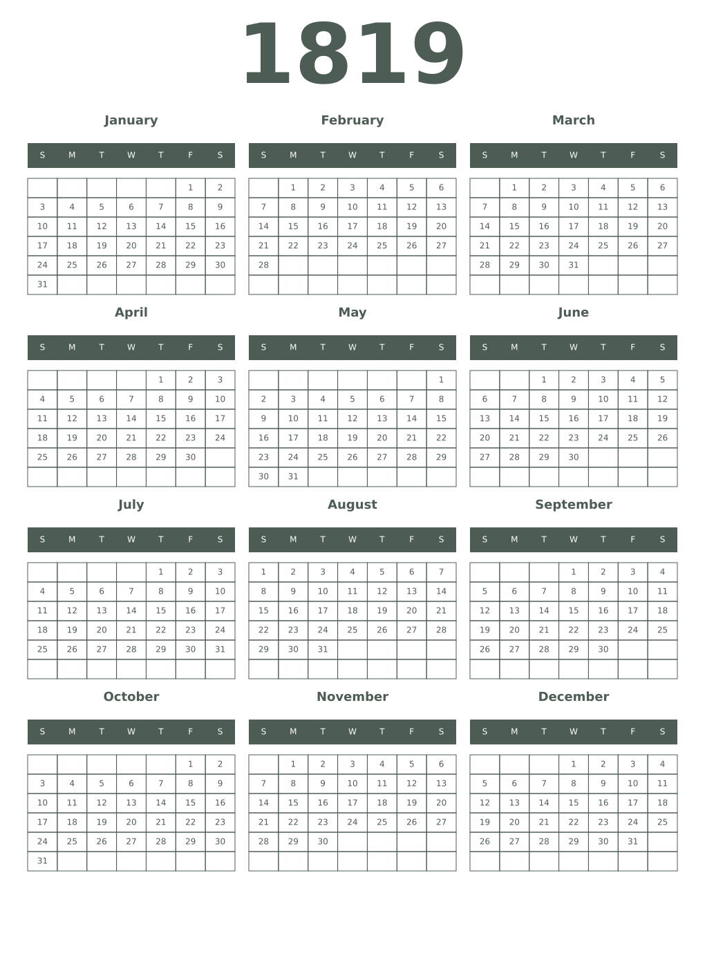 Printable 1819 Year Calendars feldgrau