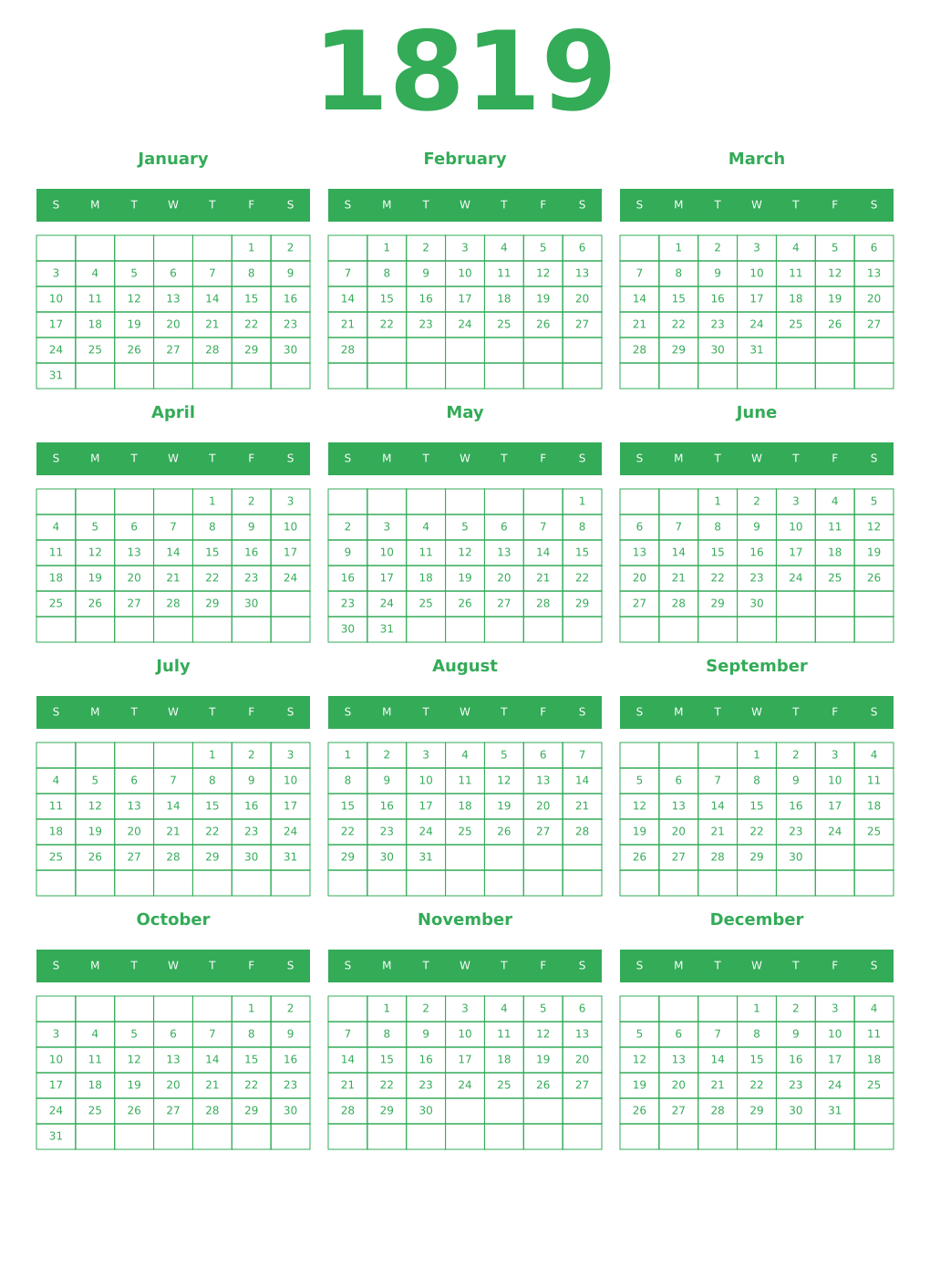 Printable 1819 Year Calendars green