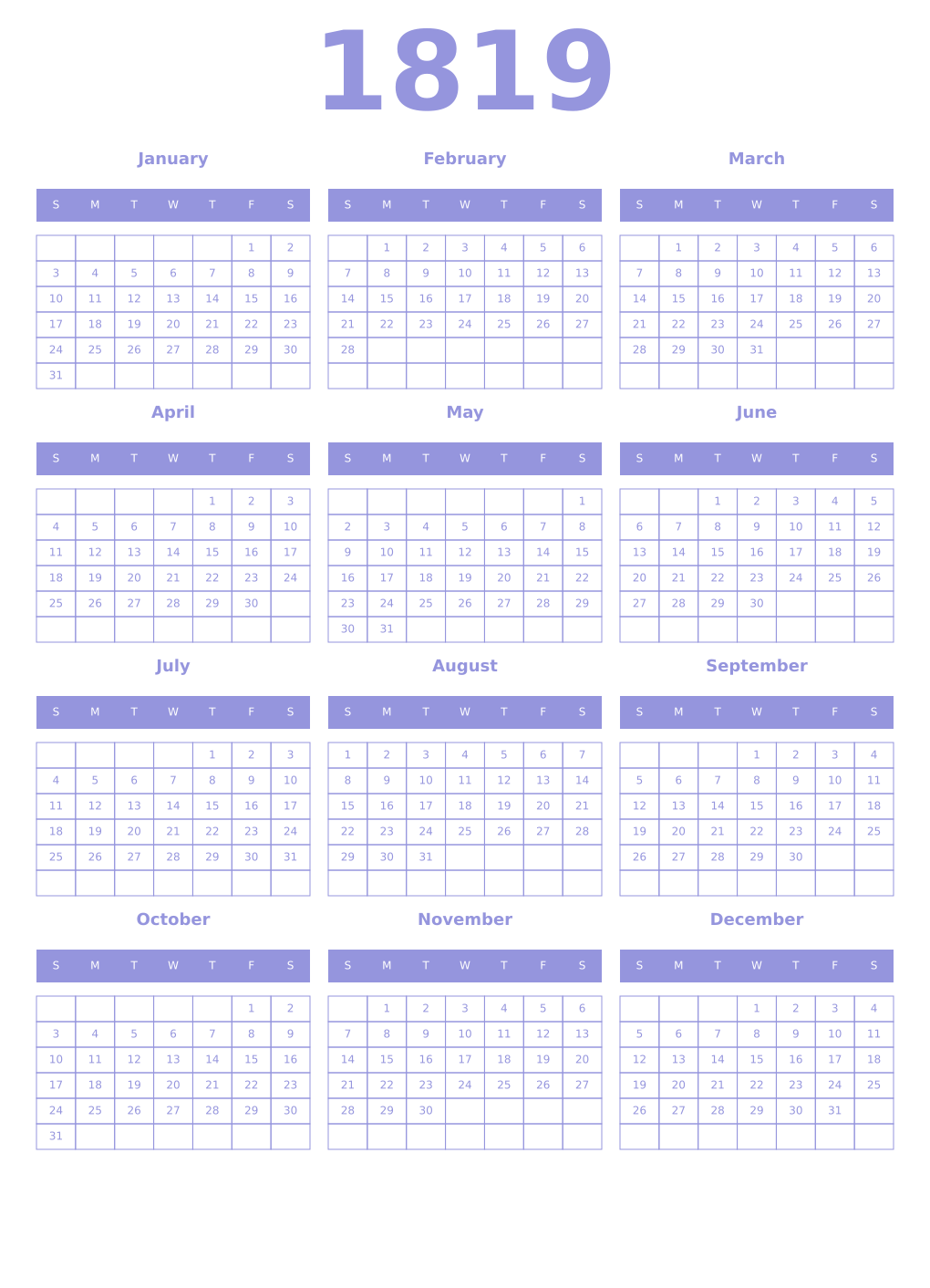 Printable 1819 Year Calendars periwinkle