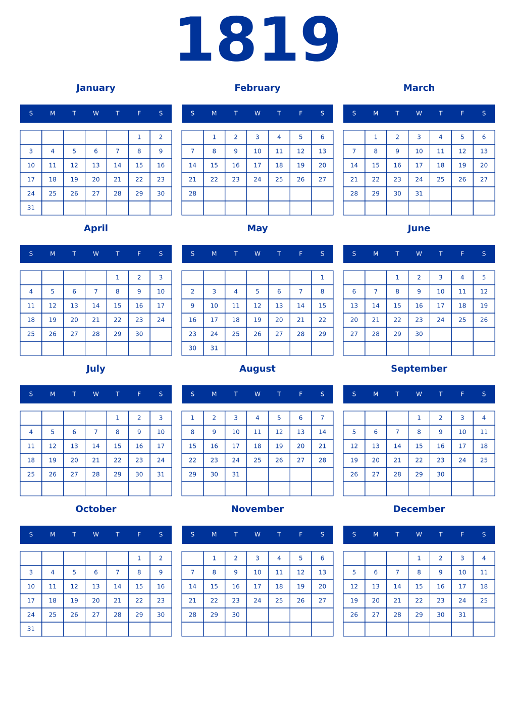 Printable 1819 Year Calendars smalt