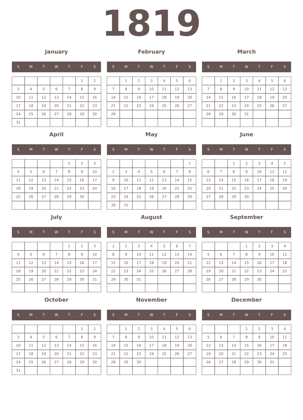 Printable 1819 Year Calendars wenge