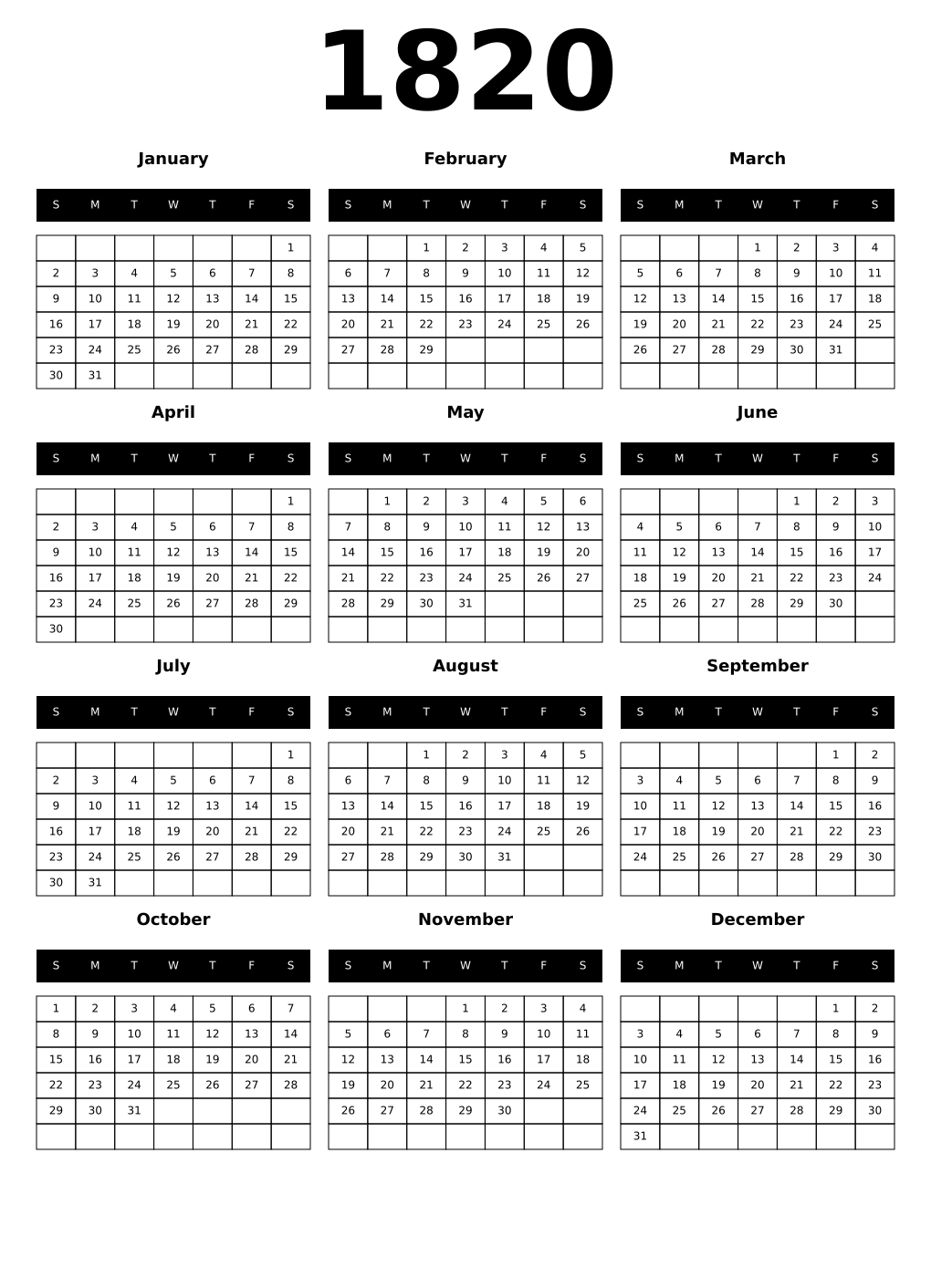 Printable 1820 Calendars