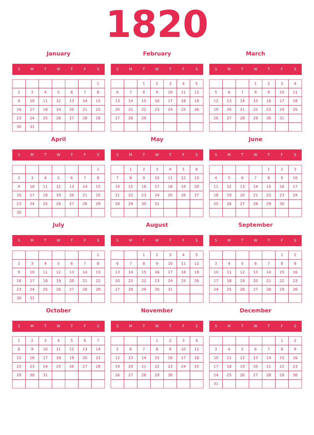 Printable 1820 Year Calendars amaranth