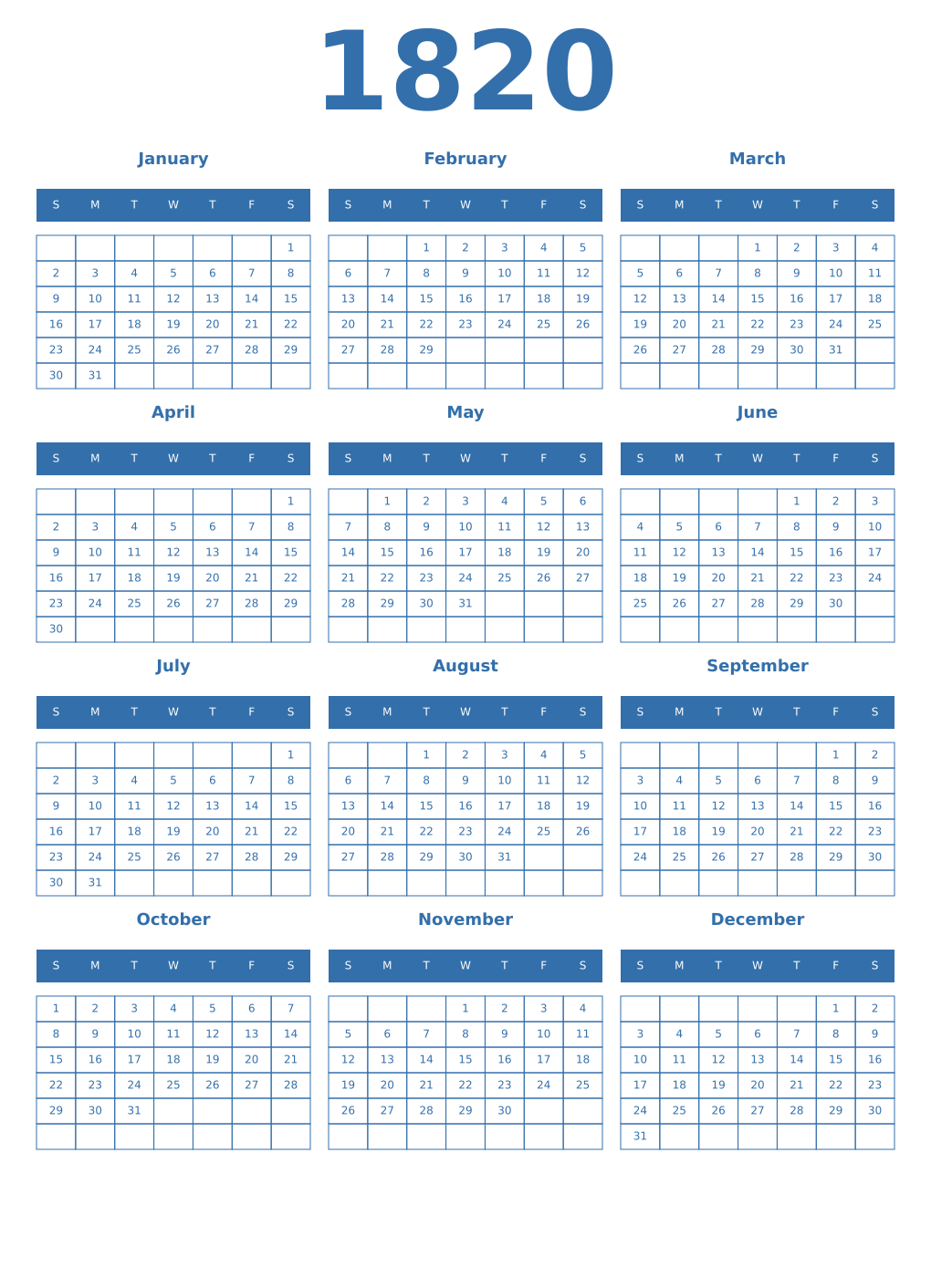 Printable 1820 Year Calendars blue