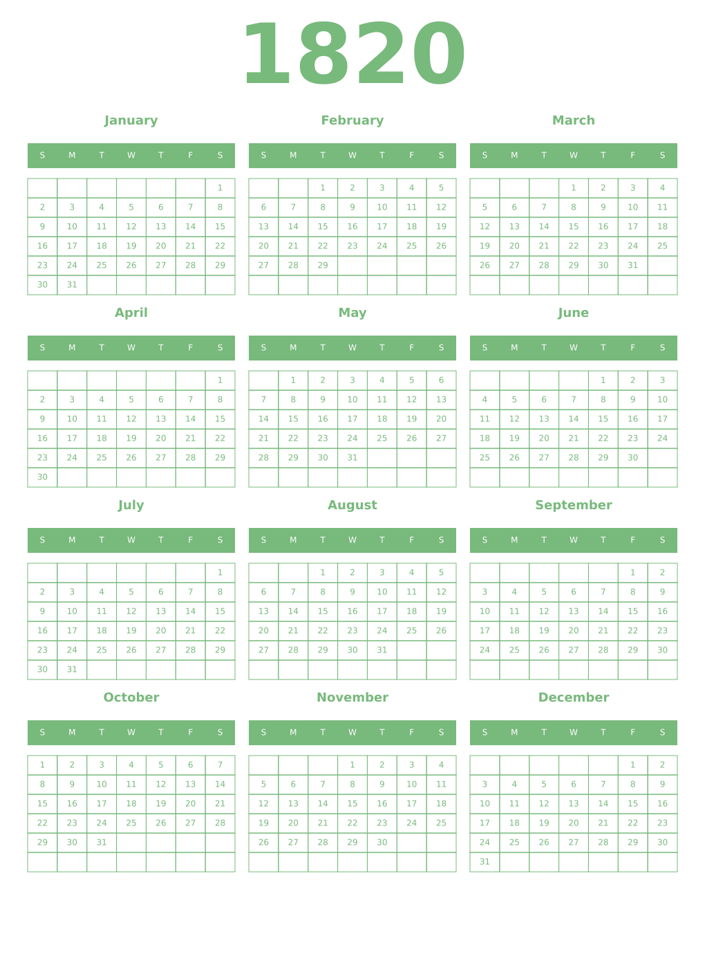 Printable 1820 Year Calendars celadon
