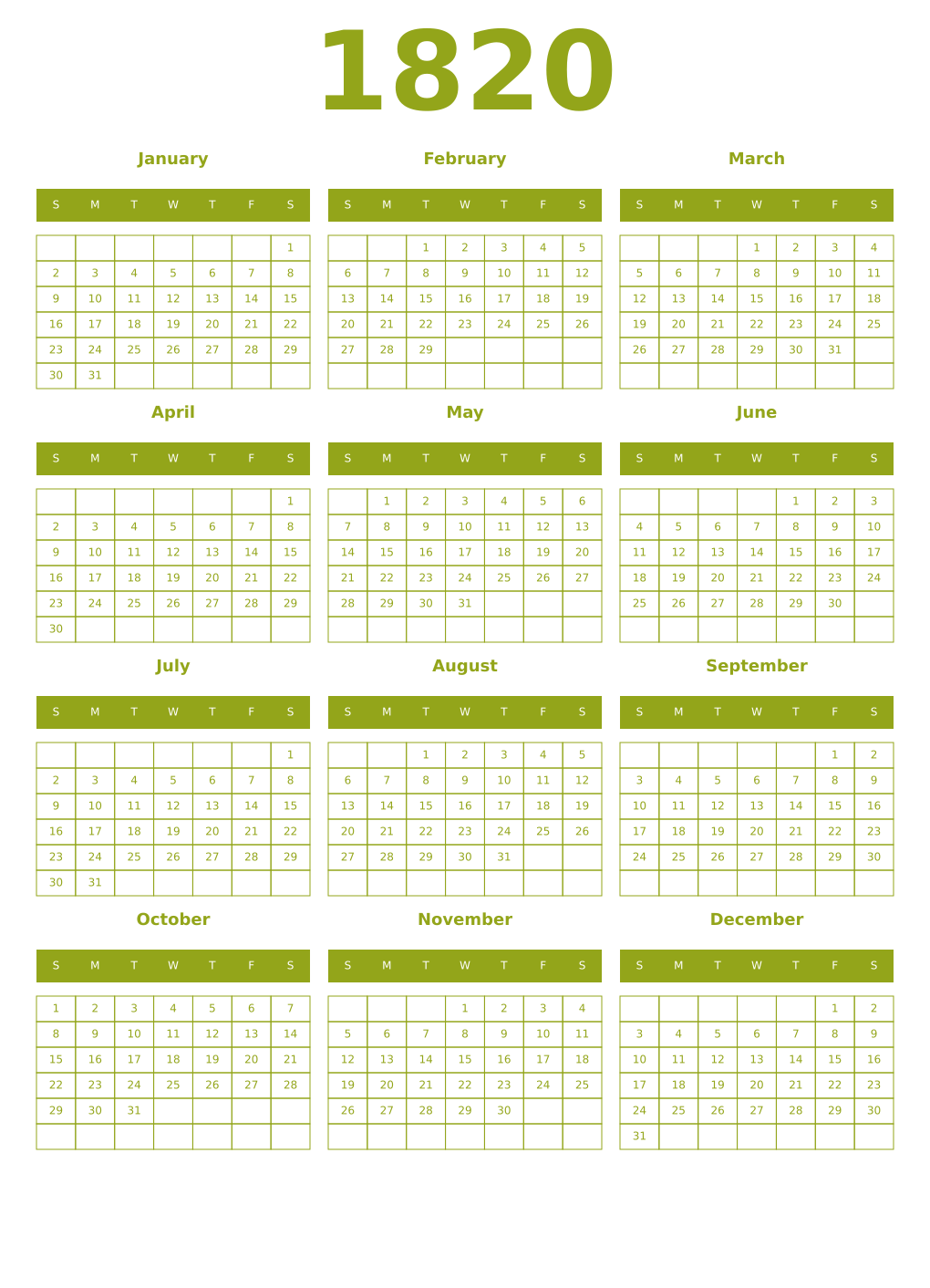 Printable 1820 Year Calendars chartreuse