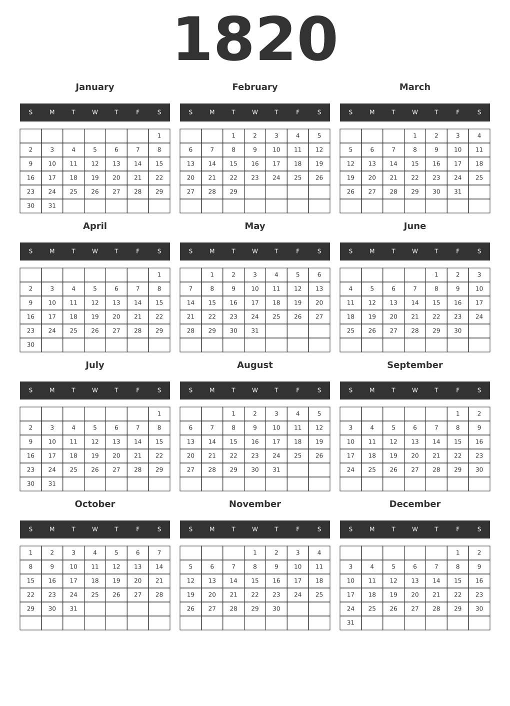 Printable 1820 Year Calendars dark