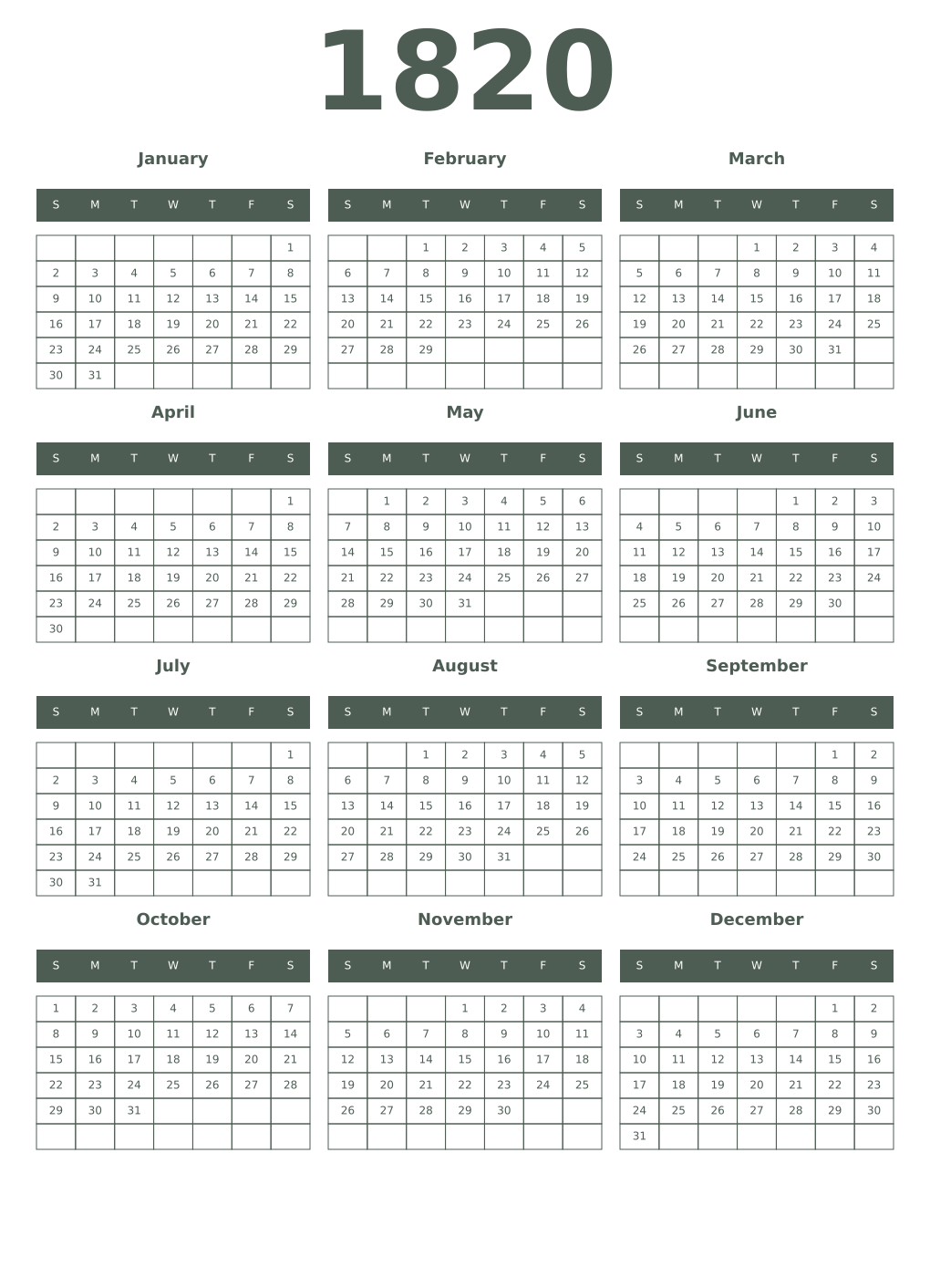 Printable 1820 Year Calendars feldgrau