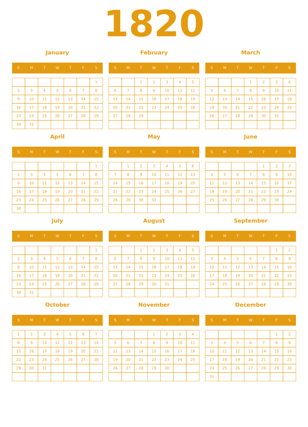 Printable 1820 Year Calendars gamboge