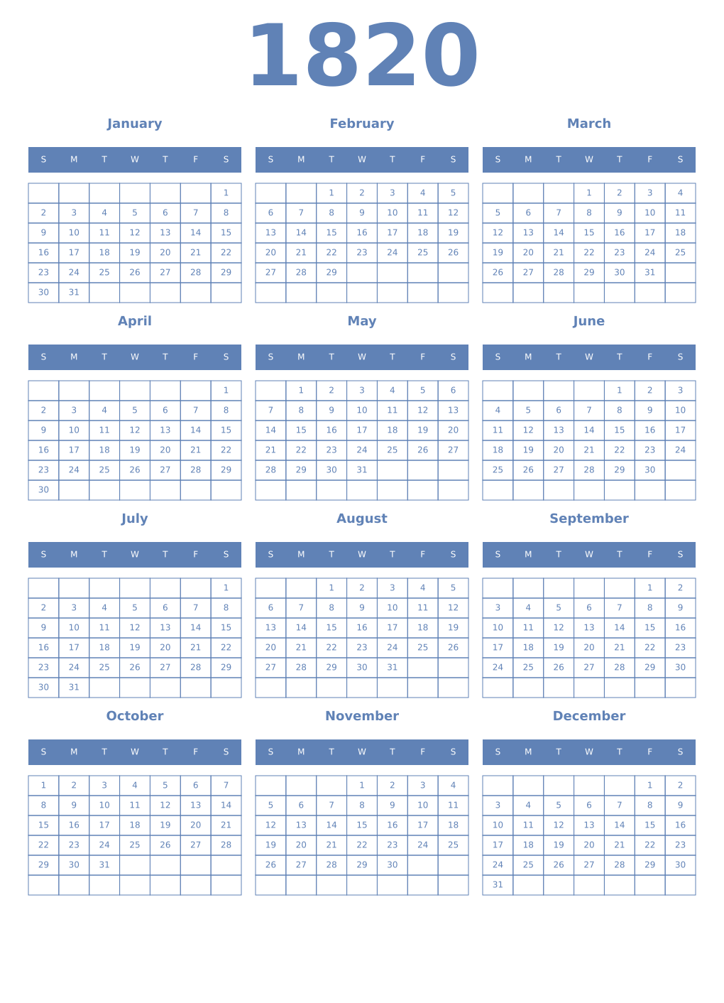 Printable 1820 Year Calendars glaucous