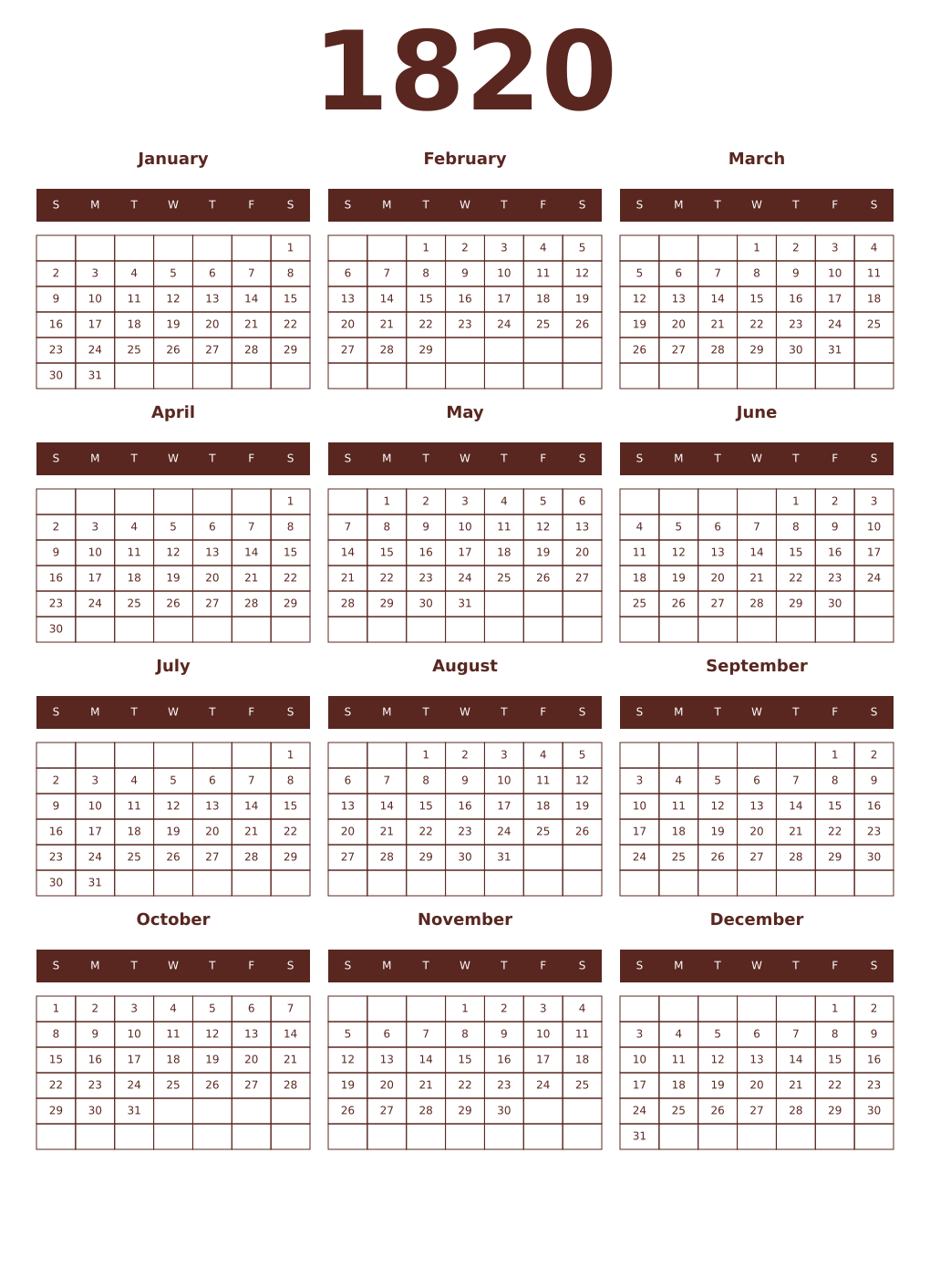 Printable 1820 Year Calendars mortuum